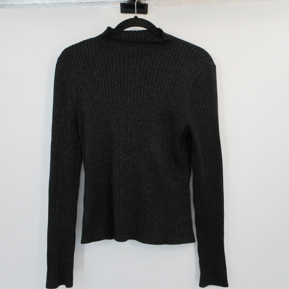 J.McLaughlin Womens Black Metallic Ribbed Mock Neck Lettuce Edge Top Size M